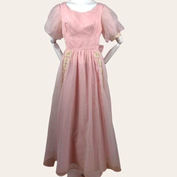 Vintage 1960s Sheer Pink Party Dress Prom Dress MOD MCM Puff Sleeves Lace Prince - Picture 1 of 14